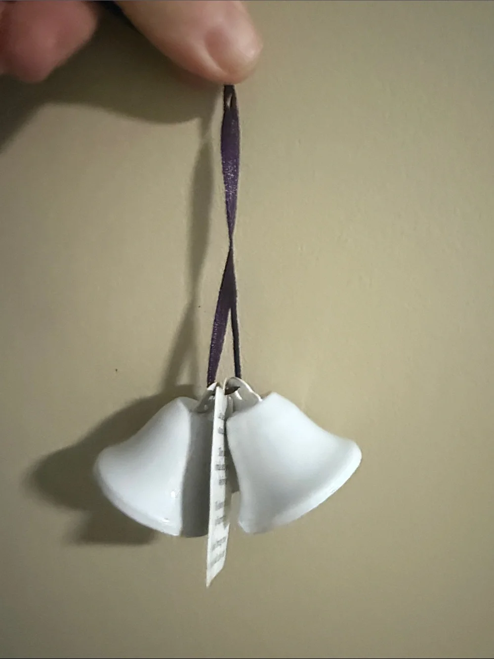 White Ceramic Bell Ornament with Purple Hanging Ribbon - Wedding